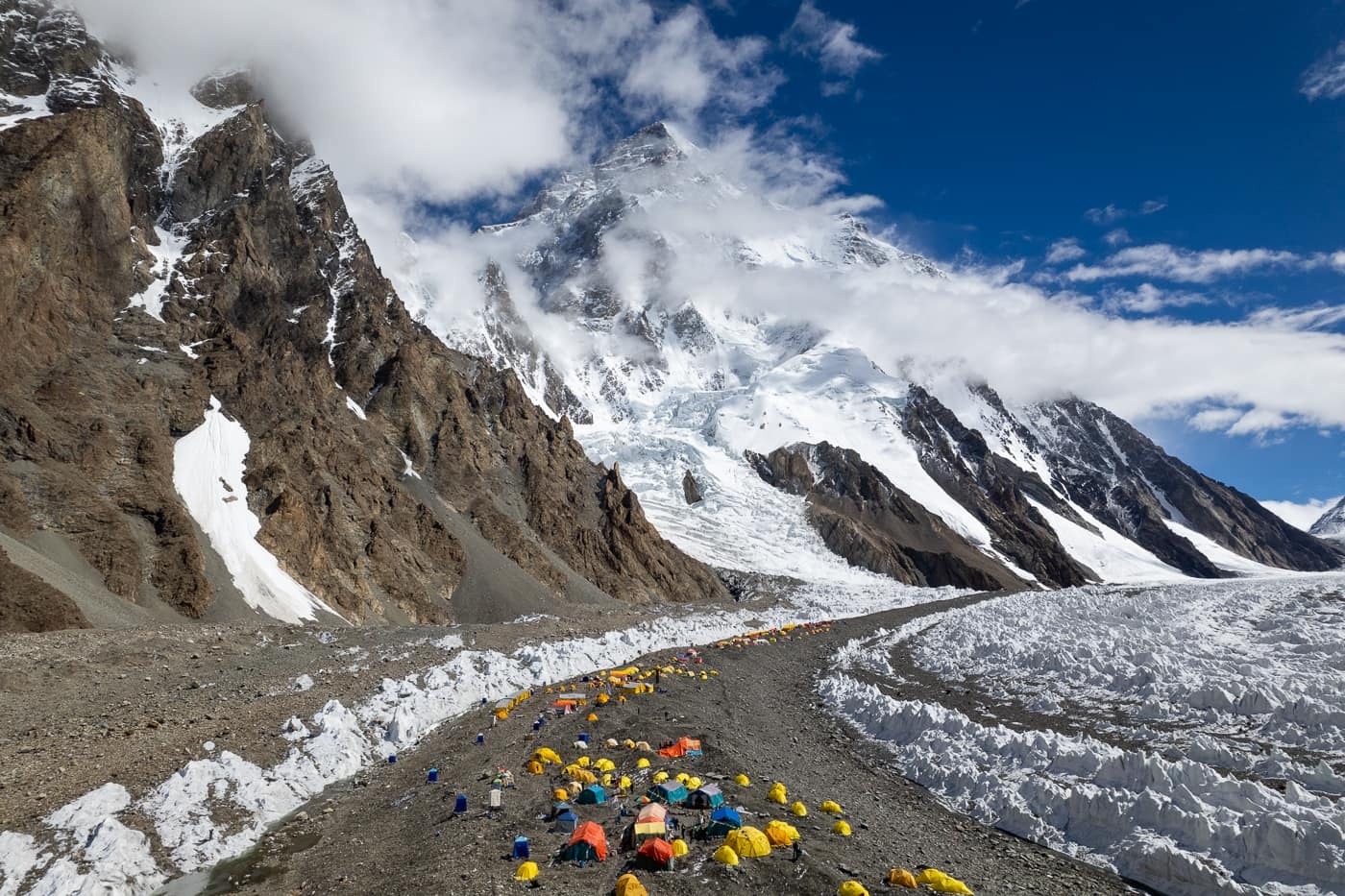 Trekkers crossing the Baltoro Glacier toward Concordia, Gilgit-Baltistan